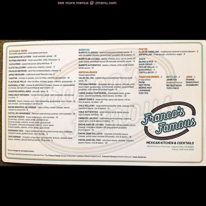 Franca's italian restaurant menu